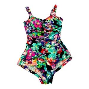 Rose Marie Reid swim bathing suit 16 floral ruched 1 piece front lined vintage